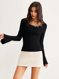 Hot Pearl Trim Bell Sleeve Skinny Sweater Sweater Tops|Sweaters & Cardigans