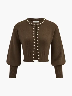 Pearl Trim Lantern Sleeve Knit Top Sweater Tops|Sweaters & Cardigans