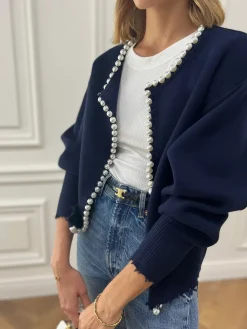 Discount Pearl Trim Ripped Hem Cardigan Cardigans|Sweaters & Cardigans