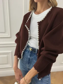 Discount Pearl Trim Ripped Hem Cardigan Cardigans|Sweaters & Cardigans