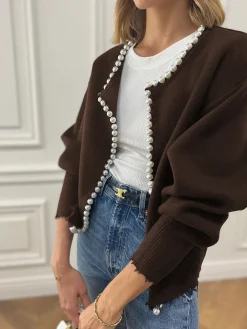 Discount Pearl Trim Ripped Hem Cardigan Cardigans|Sweaters & Cardigans