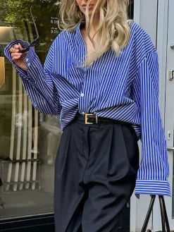 Pinstripe Breasted Loose Shirt Blouses & Shirts|Tops