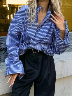 Pinstripe Breasted Loose Shirt Blouses & Shirts|Tops