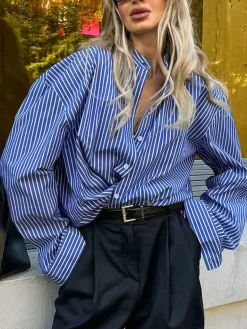 Pinstripe Breasted Loose Shirt Blouses & Shirts|Tops