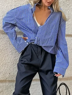 Pinstripe Breasted Loose Shirt Blouses & Shirts|Tops