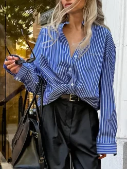 Pinstripe Breasted Loose Shirt Blouses & Shirts|Tops