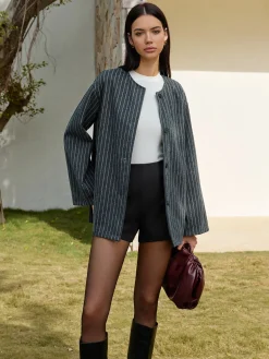 Pinstripe Button Blazer With Tassel Scarf Blazers|Outerwear