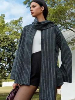Pinstripe Button Blazer With Tassel Scarf Blazers|Outerwear