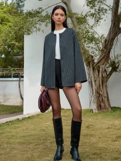 Pinstripe Button Blazer With Tassel Scarf Blazers|Outerwear