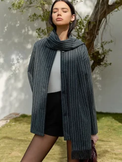 Pinstripe Button Blazer With Tassel Scarf Blazers|Outerwear