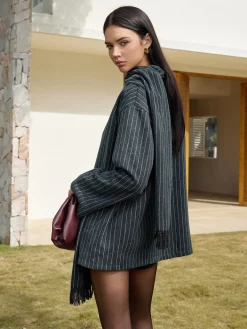 Pinstripe Button Blazer With Tassel Scarf Blazers|Outerwear
