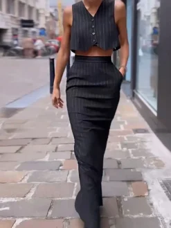 Pinstripe Button Crop Two Pieces Skirt Set Skirt Sets|Long Sleeve Sets