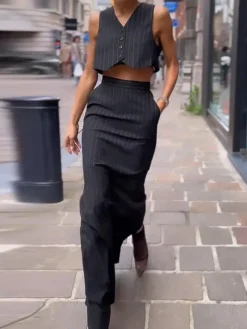 Pinstripe Button Crop Two Pieces Skirt Set Skirt Sets|Long Sleeve Sets
