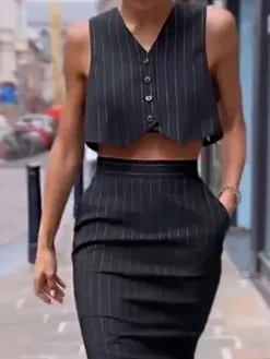 Pinstripe Button Crop Two Pieces Skirt Set Skirt Sets|Long Sleeve Sets
