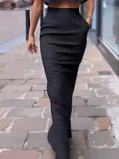 Pinstripe Button Crop Two Pieces Skirt Set Skirt Sets|Long Sleeve Sets