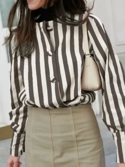 Pinstripe Button Long Sleeve Blouse Blouses & Shirts|Tops
