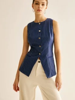 Hot Pinstripe Button Sleeveless Shirt Blouses & Shirts|Tops