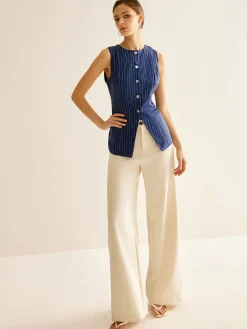 Hot Pinstripe Button Sleeveless Shirt Blouses & Shirts|Tops