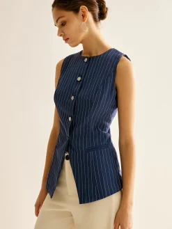 Hot Pinstripe Button Sleeveless Shirt Blouses & Shirts|Tops