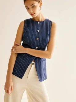 Hot Pinstripe Button Sleeveless Shirt Blouses & Shirts|Tops