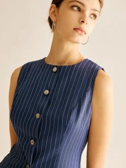 Hot Pinstripe Button Sleeveless Shirt Blouses & Shirts|Tops