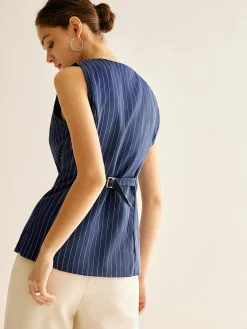 Hot Pinstripe Button Sleeveless Shirt Blouses & Shirts|Tops