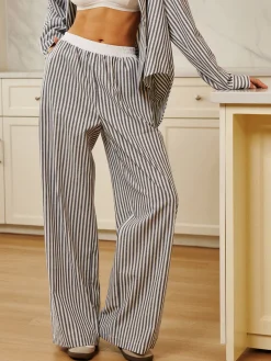 Pinstripe Contrast Binding Wide Leg Pants Long Sleeve Sets|Wide Leg