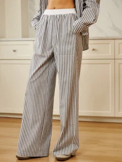 Pinstripe Contrast Binding Wide Leg Pants Long Sleeve Sets|Wide Leg