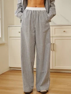 Pinstripe Contrast Binding Wide Leg Pants Long Sleeve Sets|Wide Leg