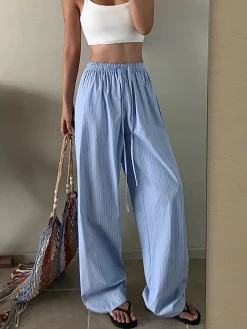 Outlet Pinstripe Drawstring Wide-Leg Pants Pants|Bottoms