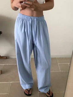 Outlet Pinstripe Drawstring Wide-Leg Pants Pants|Bottoms