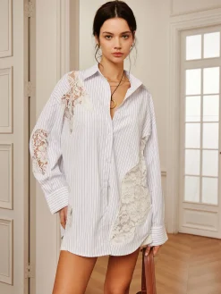 Online Pinstripe Lace Patchwork Lapel Shirt Long Sleeve Sets|Blouses & Shirts