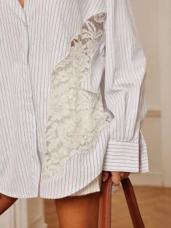 Online Pinstripe Lace Patchwork Lapel Shirt Long Sleeve Sets|Blouses & Shirts
