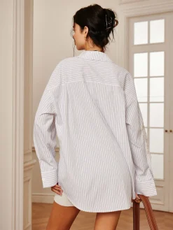 Online Pinstripe Lace Patchwork Lapel Shirt Long Sleeve Sets|Blouses & Shirts