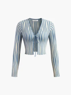 Best Pinstripe Lace Up Knit Cardigan Cardigans|Sweaters & Cardigans