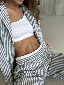 Sale Pinstripe Lapel Long Sleeve Pants Set Pants Sets|Matching Sets