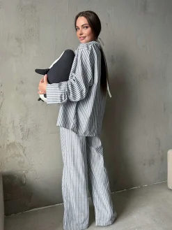 Sale Pinstripe Lapel Long Sleeve Pants Set Pants Sets|Matching Sets