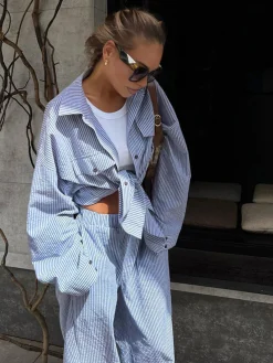 Sale Pinstripe Long Sleeve Pants Set Pants Sets|Matching Sets