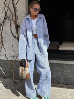 Sale Pinstripe Long Sleeve Pants Set Pants Sets|Matching Sets