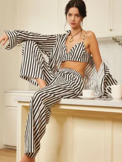 Clearance Pinstripe Pocket Three Piece Pants Set Pants Sets|Long Sleeve Sets