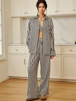 Clearance Pinstripe Pocket Three Piece Pants Set Pants Sets|Long Sleeve Sets