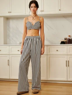 Clearance Pinstripe Pocket Three Piece Pants Set Pants Sets|Long Sleeve Sets