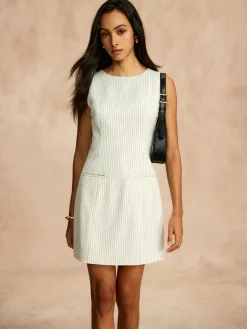 Hot Pinstripe Pockets Zipper Dress White Dresses|Work Dresses