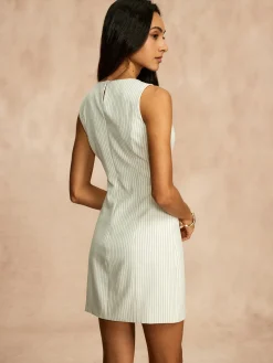 Hot Pinstripe Pockets Zipper Dress White Dresses|Work Dresses