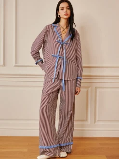 Pinstripe Ruffle Tie Front Shirt Long Sleeve Sets|Blouses & Shirts