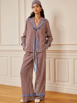 Pinstripe Ruffle Tie Front Shirt Long Sleeve Sets|Blouses & Shirts