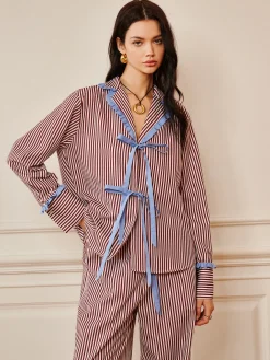 Pinstripe Ruffle Tie Front Shirt Long Sleeve Sets|Blouses & Shirts