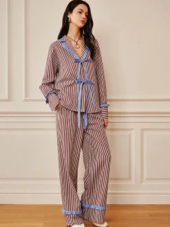 Pinstripe Ruffle Tie Front Shirt Long Sleeve Sets|Blouses & Shirts
