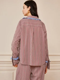 Pinstripe Ruffle Tie Front Shirt Long Sleeve Sets|Blouses & Shirts