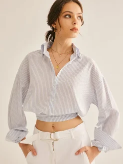 Discount Pinstripe Semi-Sheer Polo Shirt Blouses & Shirts|Tops